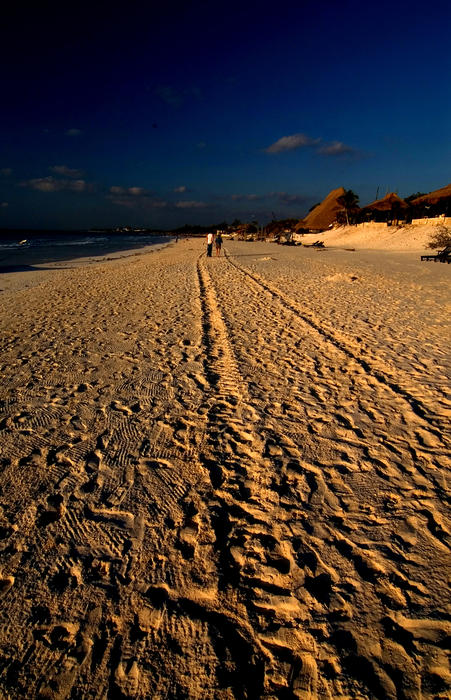 Tyre tracks along the beact at Tulum, Mexico